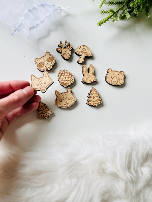 Set of 10 Wood or Clear Acrylic Woodland Animal Counters Loose Parts