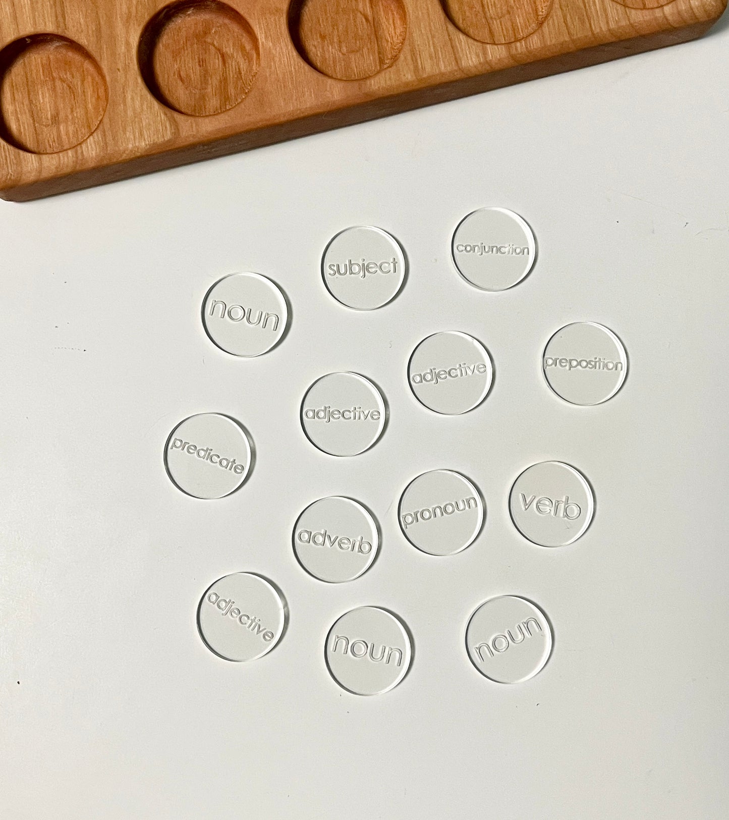 Mini Wood or Clear Acrylic Parts of Speech / Grammar Label Discs