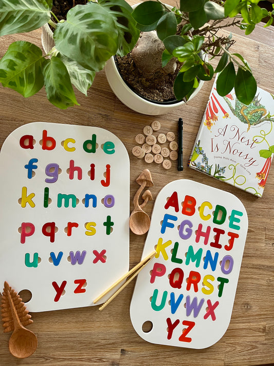 Acrylic Dry Erase Lowercase Alphabet Puzzle Flisat Table Top Insert with Both Rainbow and White Letters