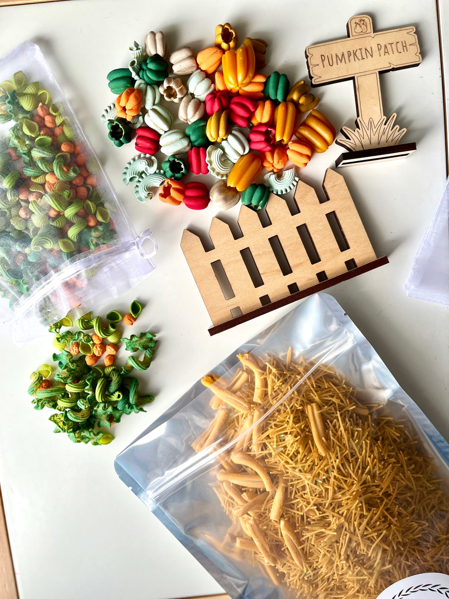 6 Cup Pumpkin Patch Fun Filler Sensory Kit with Optional Laser Cut Pumpkin Patch Sign and Fence
