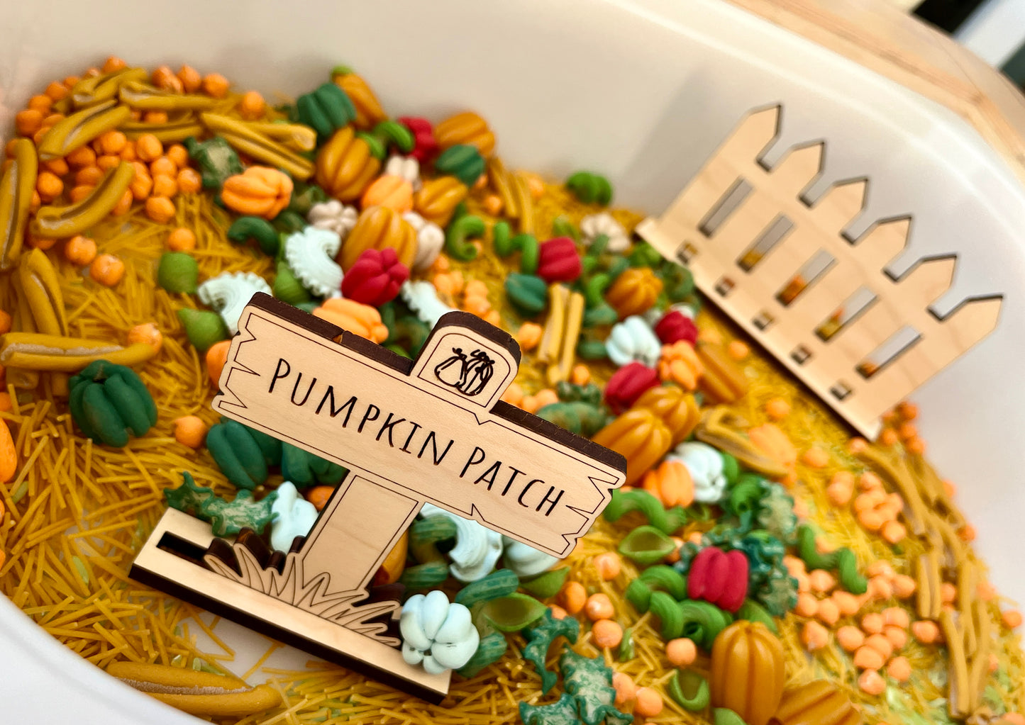 6 Cup Pumpkin Patch Fun Filler Sensory Kit with Optional Laser Cut Pumpkin Patch Sign and Fence