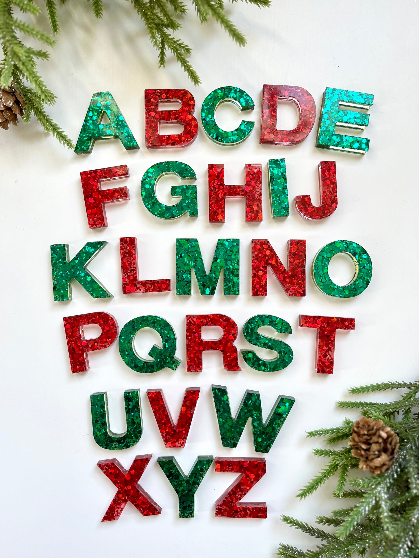 Glitter Resin Uppercase Alphabet (Green and Red & Green Mixed Sets Available) • Fits Resin Letter Flisat Insert