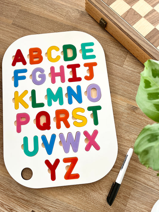 Acrylic Dry Erase Alphabet Puzzle Flisat Table Top Insert with Both Rainbow and White Letters