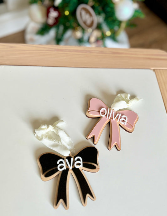 Personalized Bow Ornament | Custom Name Tag for Stockings, Gifts, Birthdays & Holidays | Wooden Keepsake