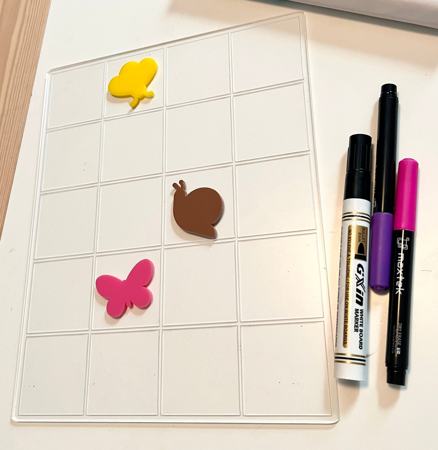Clear Dry Erase whiteboard with 20 squares, a 20 frame. It has dry erase bugs sitting on top of it.