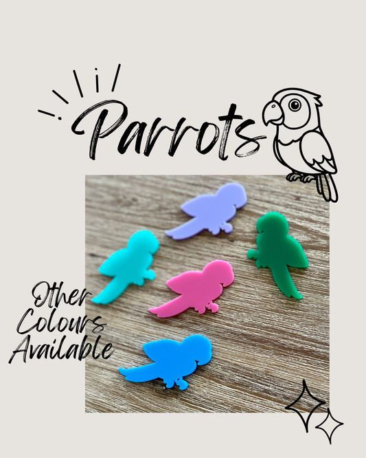 Five vibrant parrot shapes in purple, turquoise, pink, green, and blue displayed on a wooden surface, Little Dry Erasables - Parrots - Set of 5, handcrafted, homeschool, education resources.