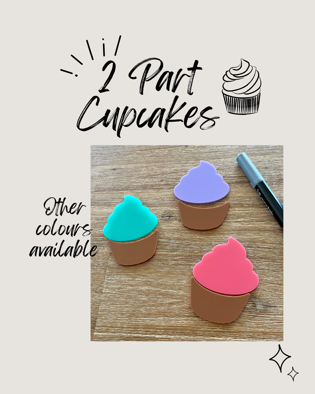 Three colorful two-piece cupcake shapes with pastel teal, purple, and pink tops paired with brown bases arranged on a wooden surface, Little Dry Erasables - 2 Part Cupcakes, handcrafted, homeschool, education resources.