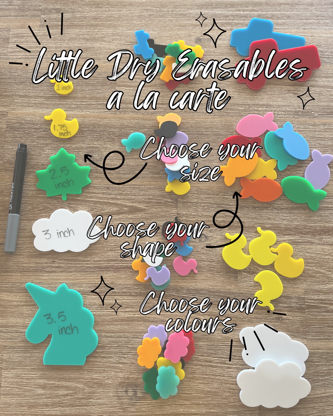 Little Dry Erasables a la Carte - Set of 10 featuring colorful assorted shapes and sizes including animals and vehicles, with dry erase surfaces for creative learning, handcrafted, homeschool, education resources.