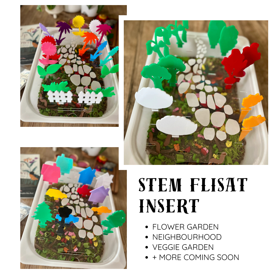 Three views of colorful translucent acrylic pegs shaped like plants, flowers, and neighborhood elements inserted into a white tray with a path design, showcasing STEM Insert – Acrylic Insert with Different Peg Options - Neighborhood, Veggie Garden, Flower Garden, Under the Sea + More, handcrafted homeschool education resources.