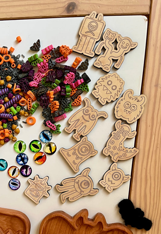 Set of 10 Wood or Clear Acrylic Monster Mash Counters Loose Parts