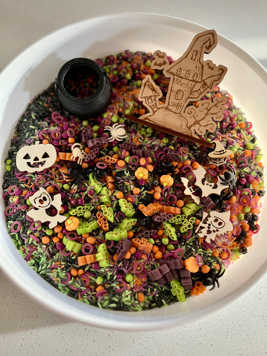 Witchy Halloween Fun Filler Sensory Kit with Cauldron and Laser Cut Haunted House
