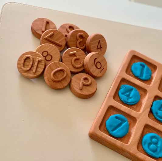 Numbers 0-10 Play Dough Stampers — 11 Pieces, Cherry Wood