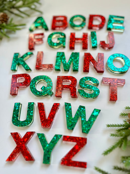 Glitter Resin Uppercase Alphabet (Red, Green, and Red & Green Mixed Sets Available) • Fits Resin Letter Flisat Insert