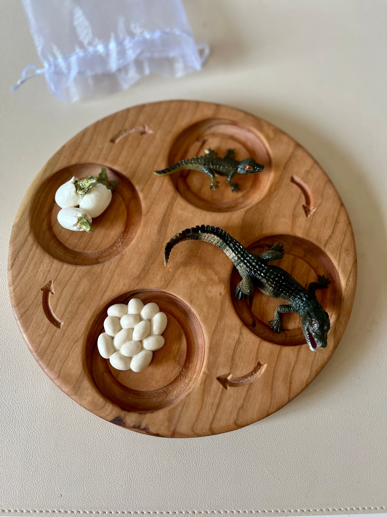 Round wooden tray with plastic alligator toys and white seed and egg models on beige surface next to white drawstring bag