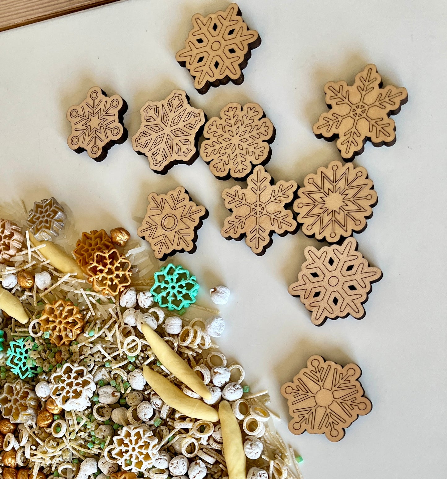 Set of 10 Wood or Clear Acrylic Snowflake Counters Loose Parts