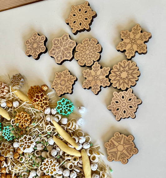 Set of 10 Wood or Clear Acrylic Snowflake Counters Loose Parts