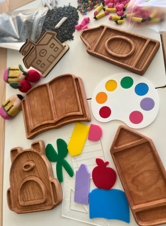 Mini Back to School Wooden Plate / Sensory Tray | Book, Pencil, Crayon, Backpack, Bus, Apple and Paint Palette Trays