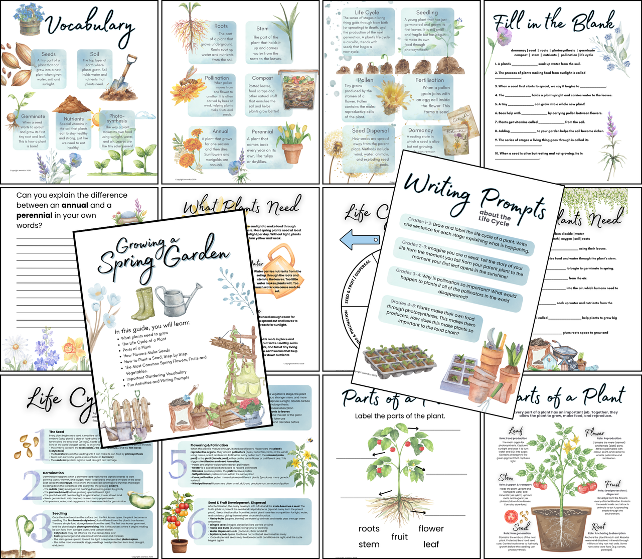 Collection of colorful printable worksheets featuring plant vocabulary, life cycle diagrams, gardening tips, fill-in-the-blank activities, and writing prompts as Digital Download | Spring Gardening Complete Unit Study with handcrafted homeschool education resources.