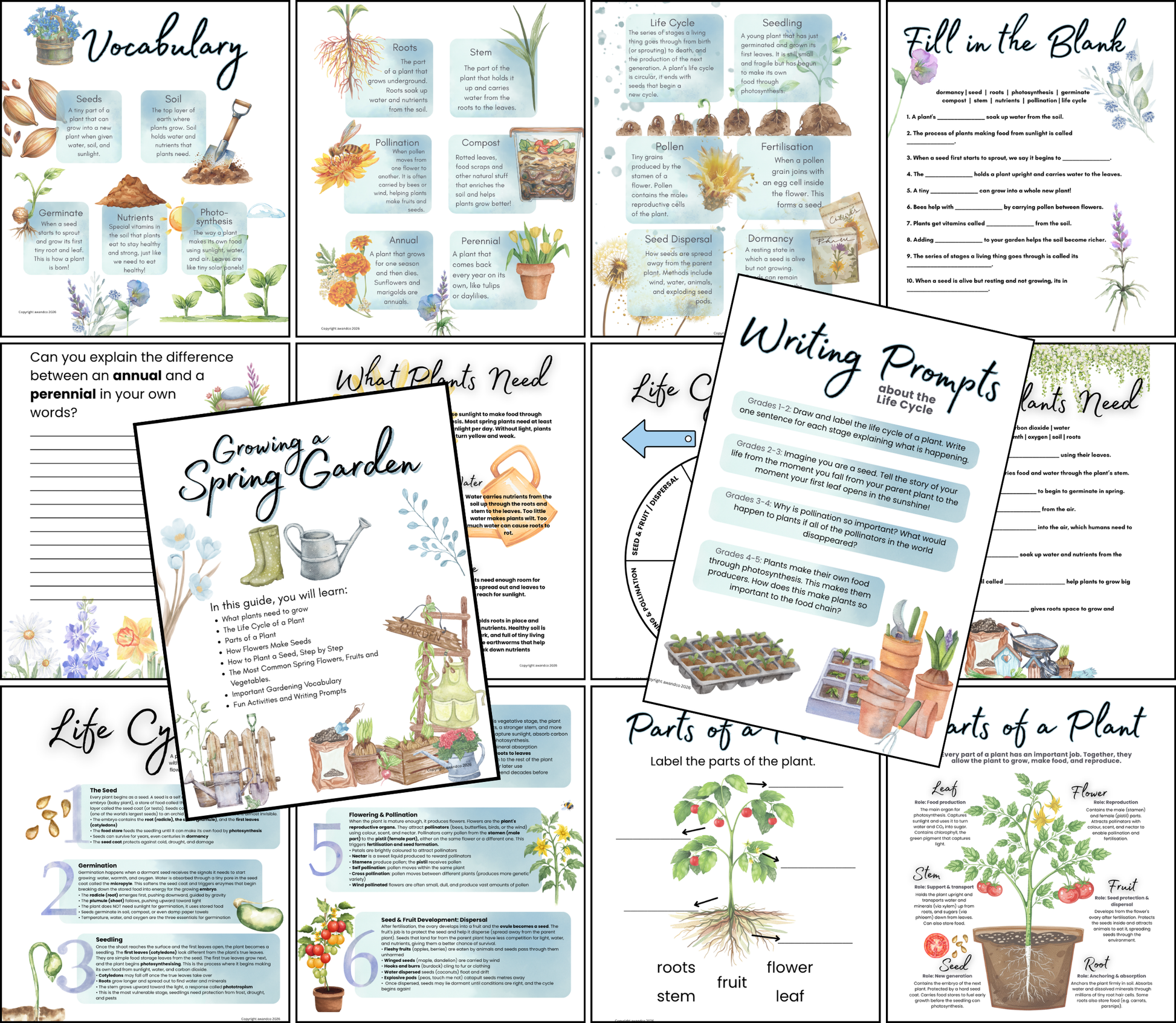 Collection of colorful printable worksheets featuring plant vocabulary, life cycle diagrams, gardening tips, fill-in-the-blank activities, and writing prompts as Digital Download | Spring Gardening Complete Unit Study with handcrafted homeschool education resources.