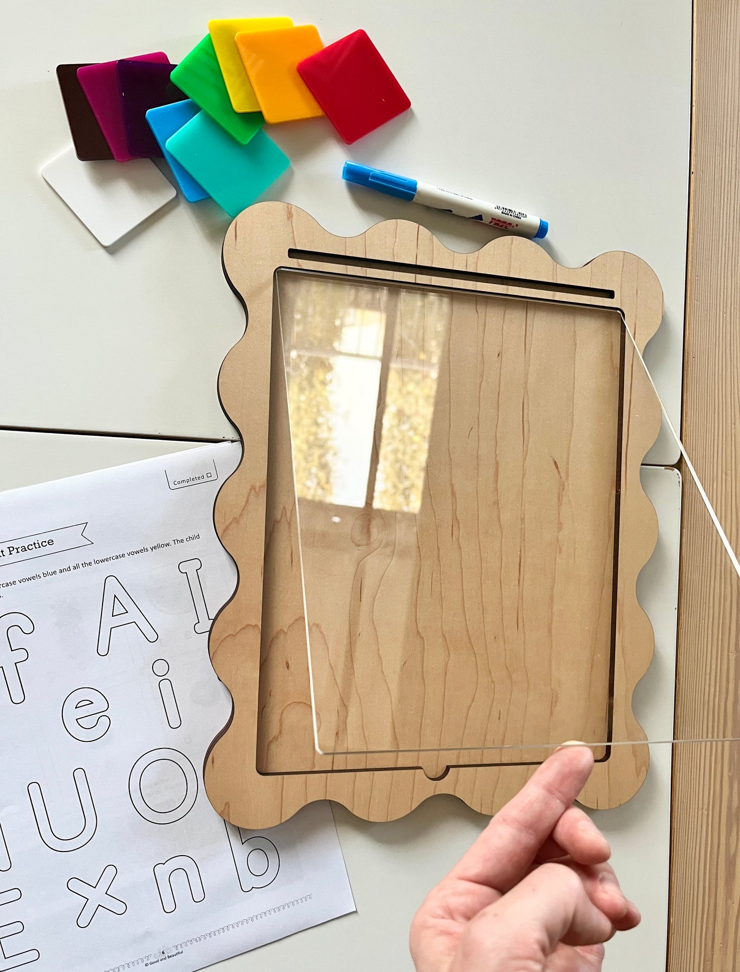 Laser Cut Writing Sensory Tray for 8.5 x 11 sheets with Dry Erase Inserts and Slot for Acrylic