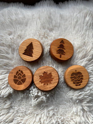 Ready to Ship, Playdough Stampers Forest featuring smooth handcrafted wooden stampers engraved with forest-themed designs including trees, pinecones, and leaves, unique homeschool educational resources and wood toys.