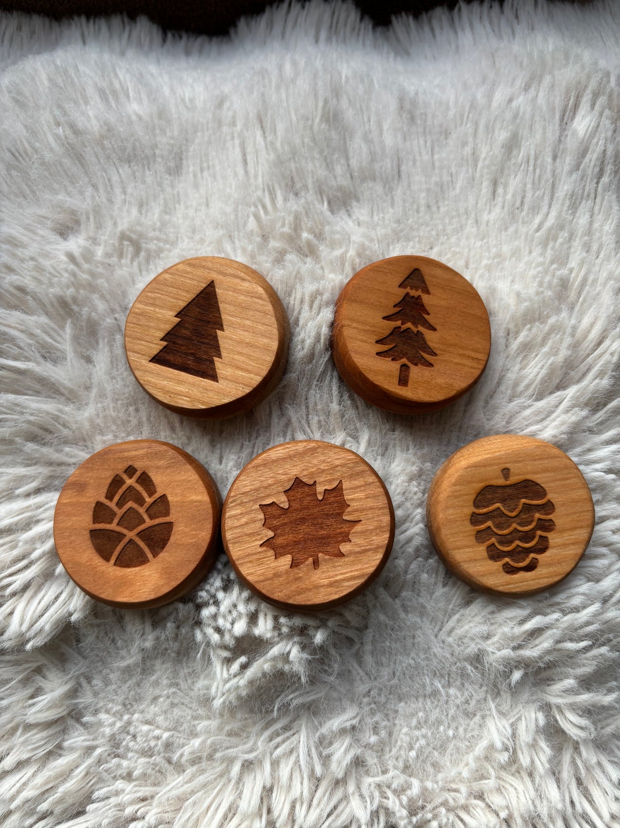 Ready to Ship, Playdough Stampers Forest featuring smooth handcrafted wooden stampers engraved with forest-themed designs including trees, pinecones, and leaves, unique homeschool educational resources and wood toys.