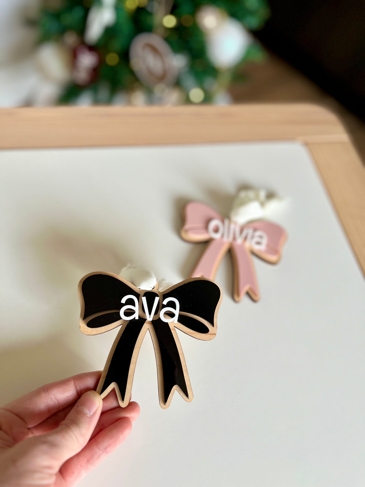 Personalized Bow Ornament | Custom Name Tag for Stockings, Gifts, Birthdays & Holidays | Wooden Keepsake