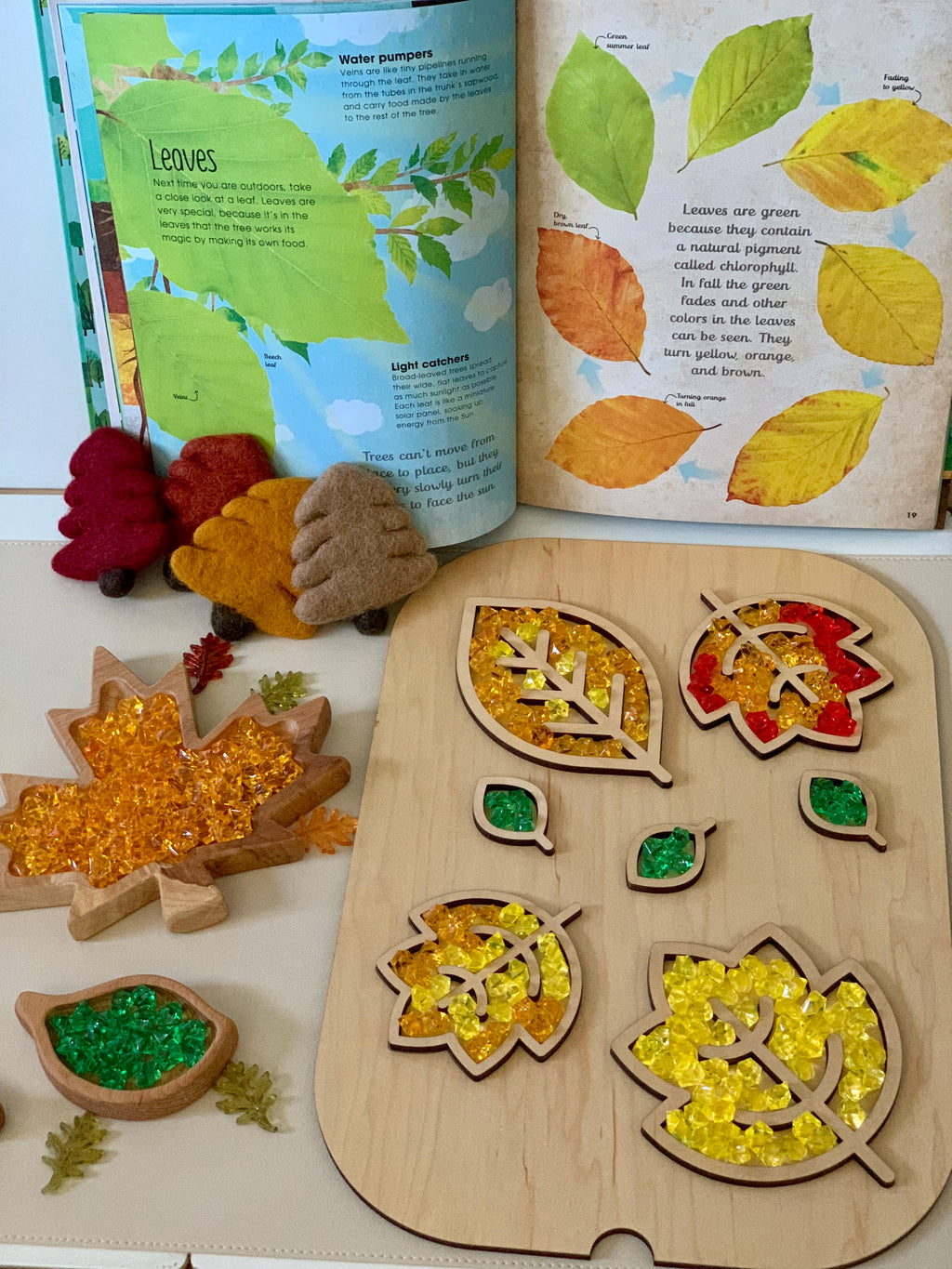 Wooden leaf-shaped sensory tray filled with colorful beads, surrounded by felt leaves and an open book about leaves on table