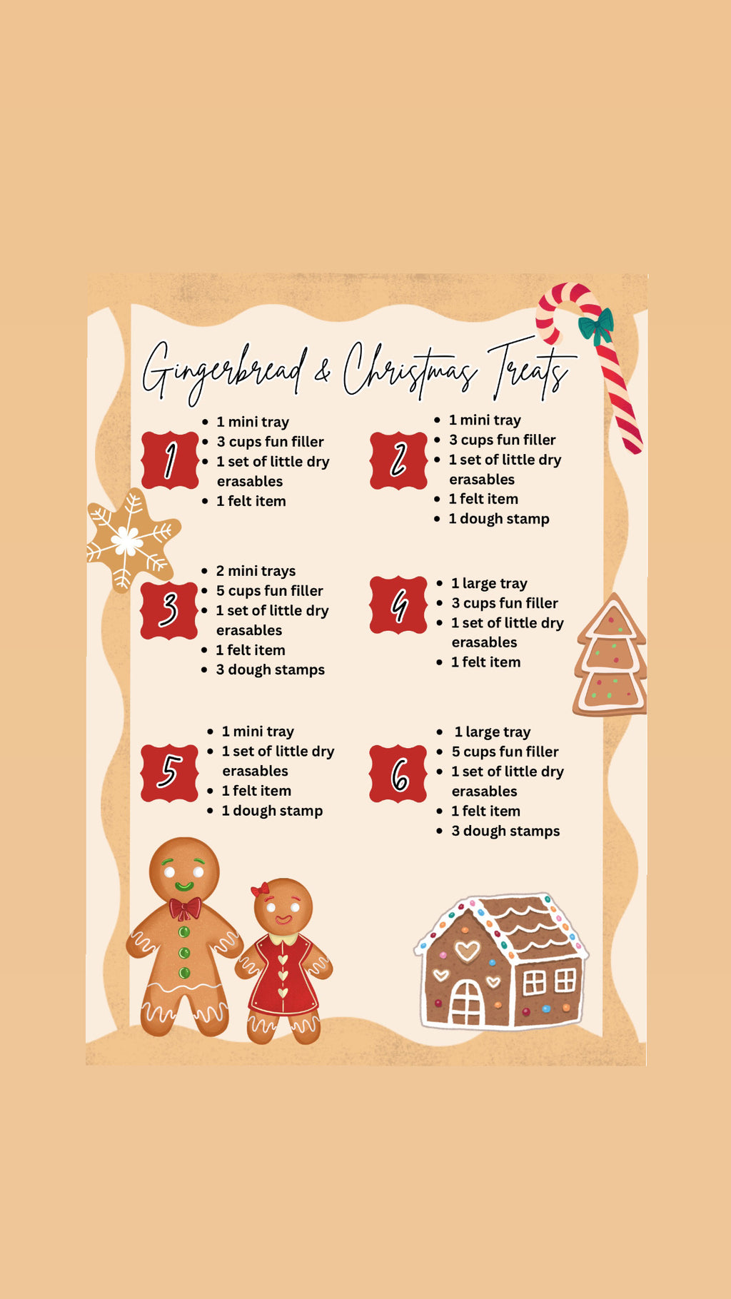 Gingerbread and Christmas treats list with numbered kit details on festive background with candy cane, star, cookie, and gingerbread illustrations