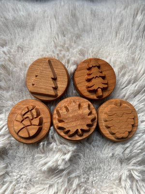 Ready to Ship, Playdough Stampers Forest featuring handcrafted wooden stampers with carved forest-themed shapes including pine trees and pinecones, unique homeschool education resources and wood toys.