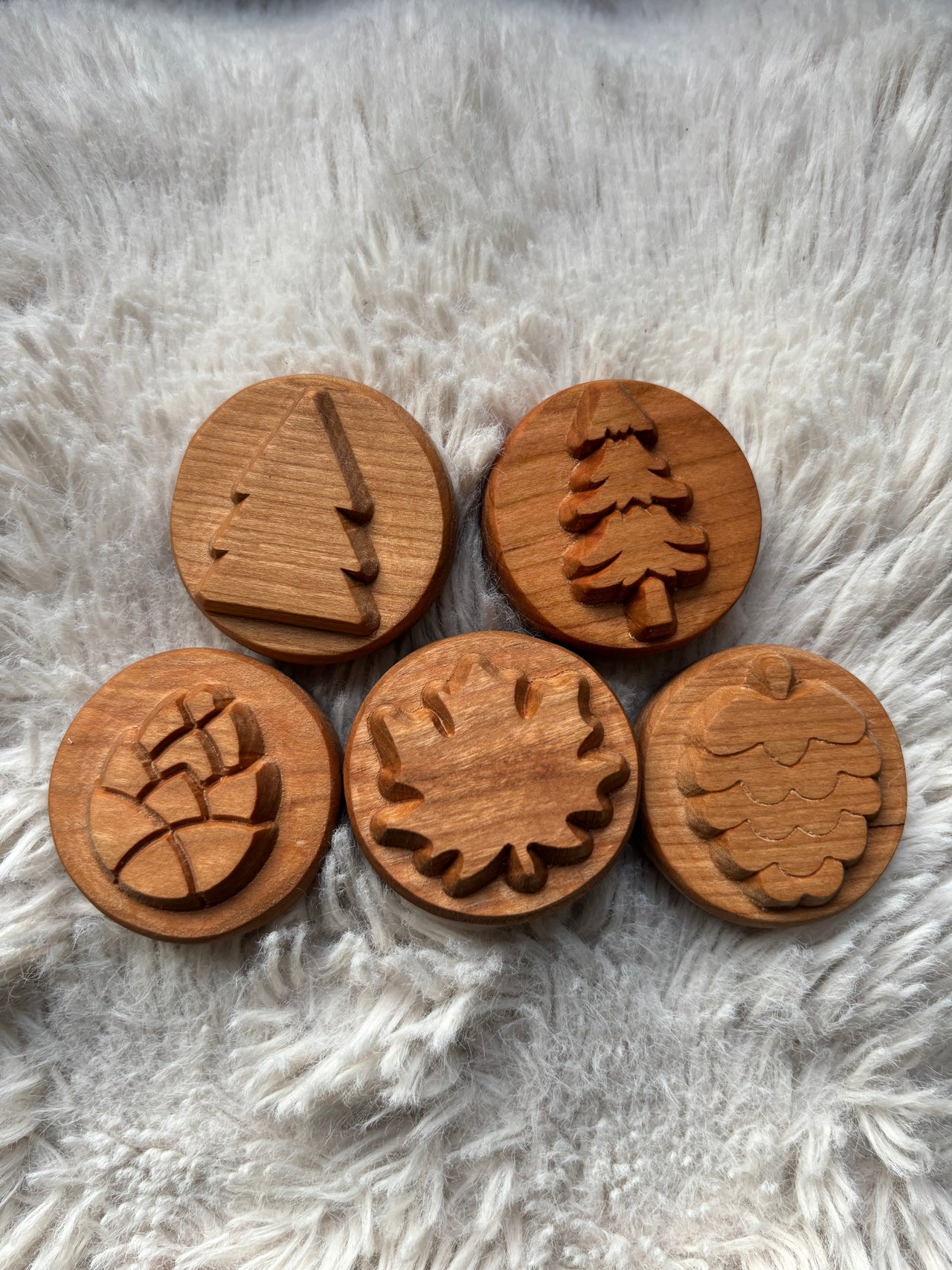 Ready to Ship, Playdough Stampers Forest featuring handcrafted wooden stampers with carved forest-themed shapes including pine trees and pinecones, unique homeschool education resources and wood toys.