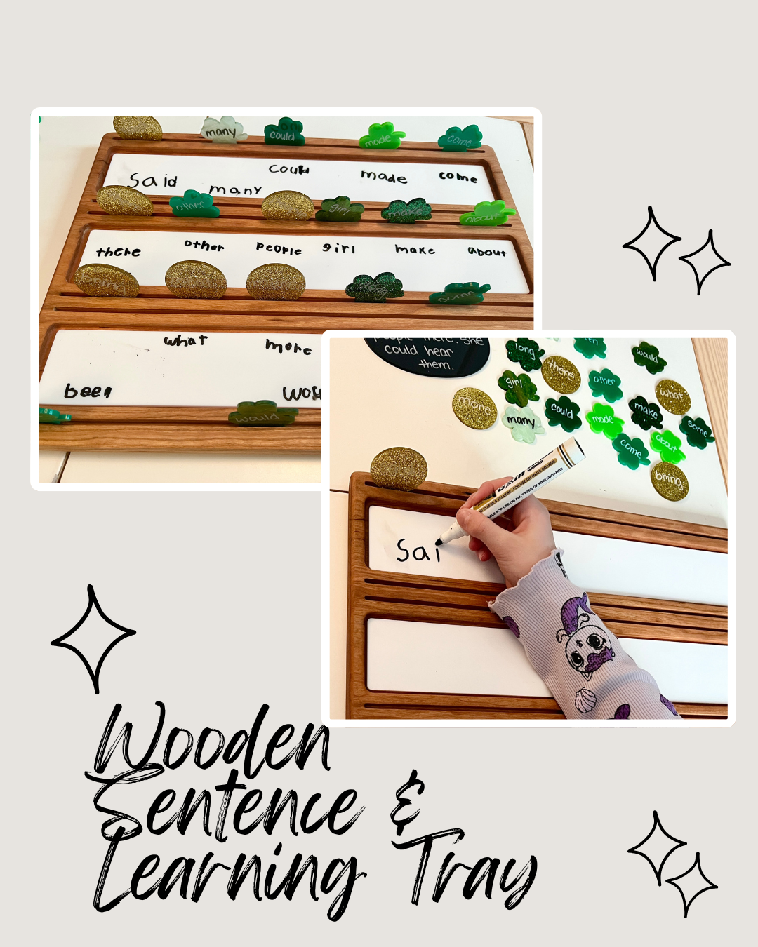 Wooden Sentence & Learning Tray | Open Ended Literacy Board | Math & Play featuring handcrafted wood trays with dry-erase panels, magnetic word stones, and a child practicing writing, unique homeschool education resources.