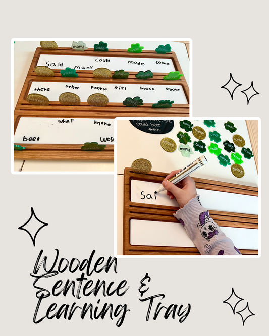Wooden Sentence & Learning Tray | Open Ended Literacy Board | Math & Play featuring handcrafted wood trays with dry-erase panels, magnetic word stones, and a child practicing writing, unique homeschool education resources.