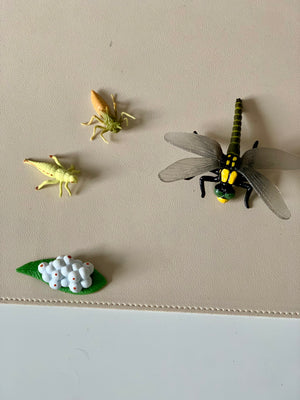 Small realistic insect figurines including a dragonfly, two nymphs, and a green leaf with white cottony eggs on beige surface