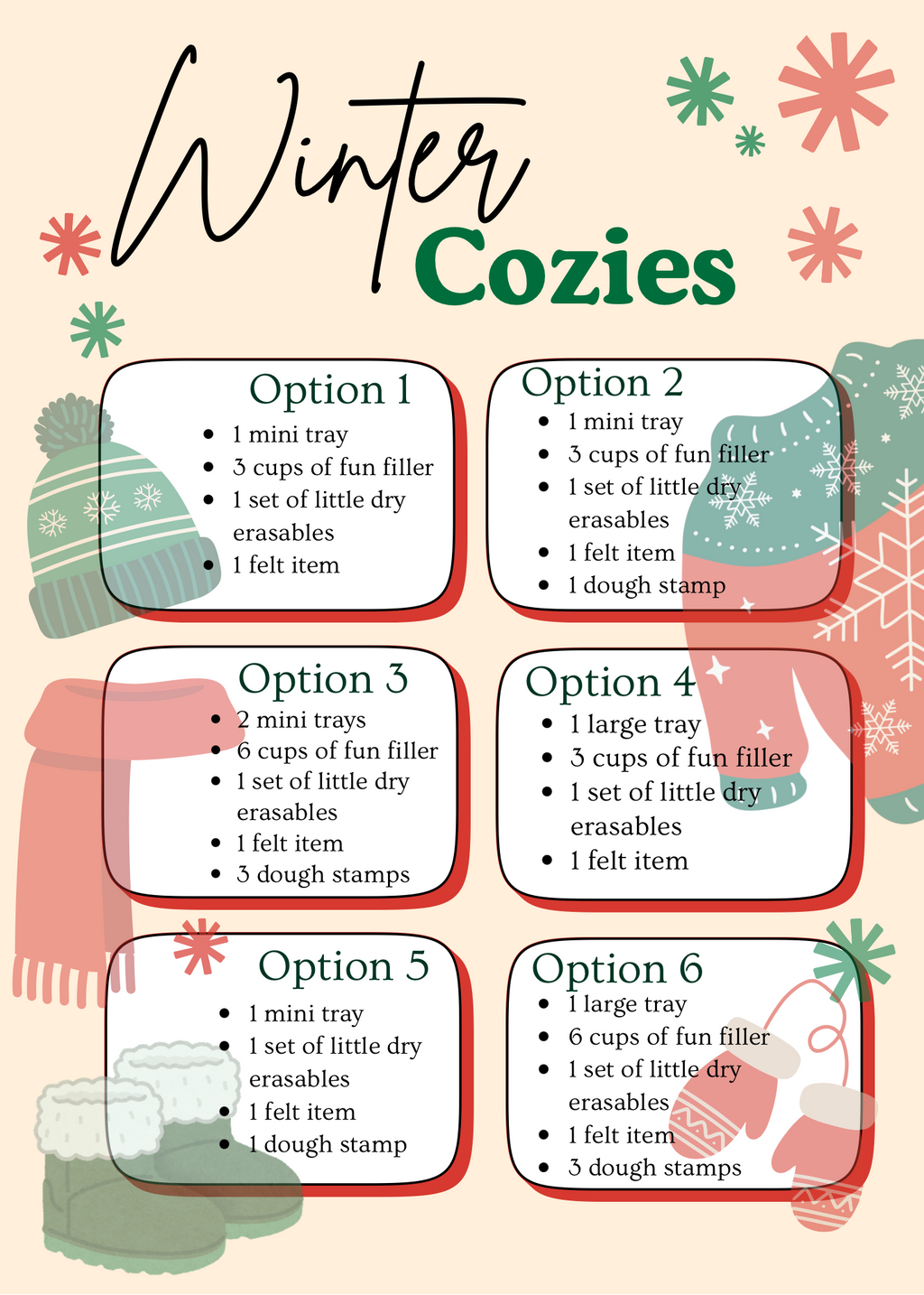 Winter-themed options chart with illustrations of cozy hats, mittens, scarves, and boots on beige background