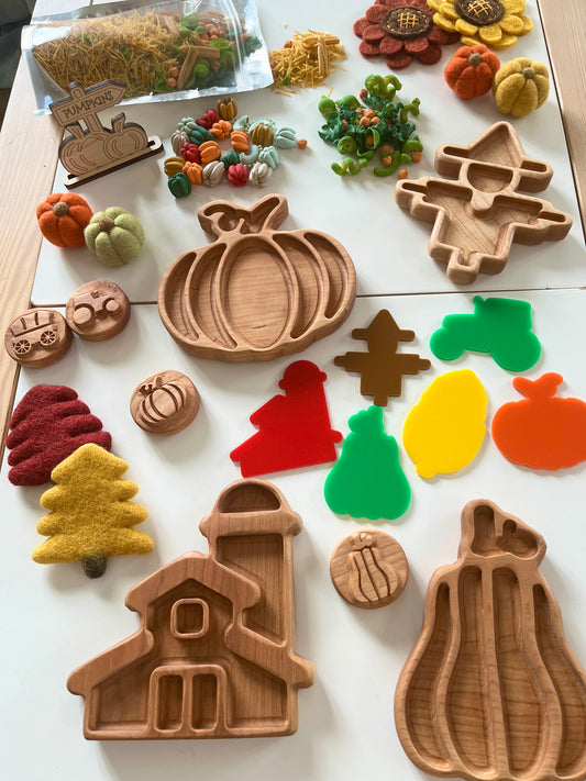Mini Pumpkin Patch Plates / Sensory Trays - Barn, Pumpkin, Gourd, Scarecrow, Tractor