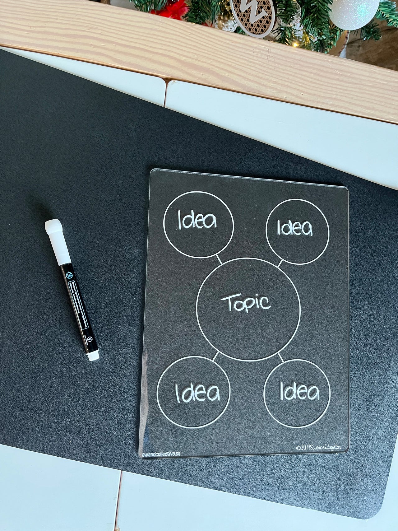 Clear plastic writable mind map board with connected circles labeled Topic and Idea, with a black dry erase marker nearby