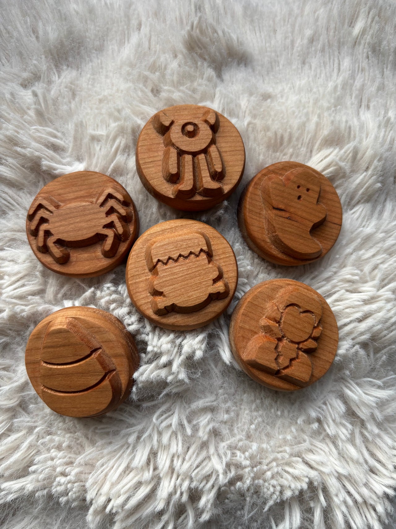 Ready to Ship, Playdough Stampers Halloween featuring handcrafted wooden stampers with carved spooky-themed designs including a spider, monster, ghost, witch hat, candy corn, and pumpkin, unique homeschool education resources and wood toys.