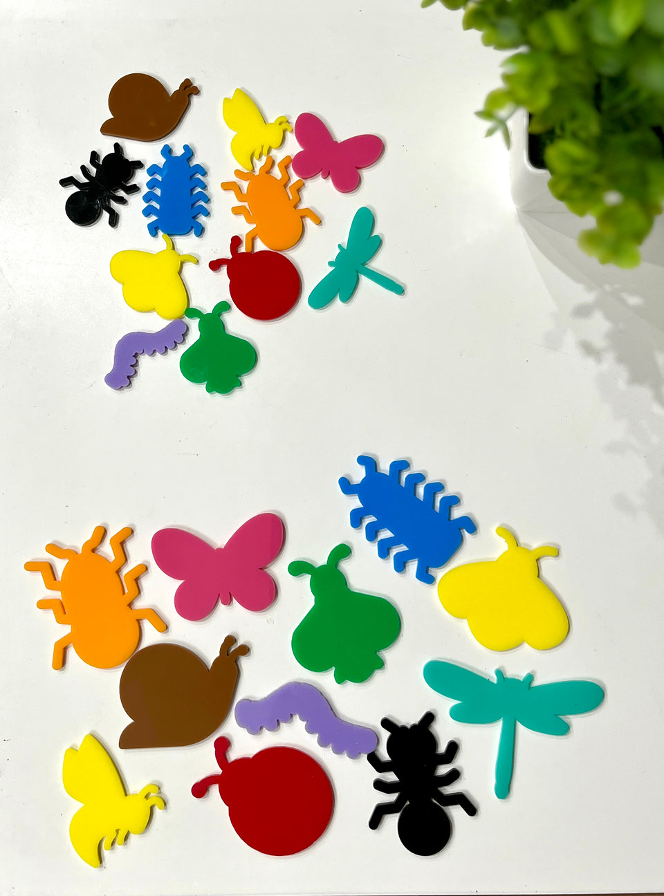 Colorful flat insect and bug shapes including butterflies, snails, ants, caterpillars, dragonflies, and beetles on white surface with greenery