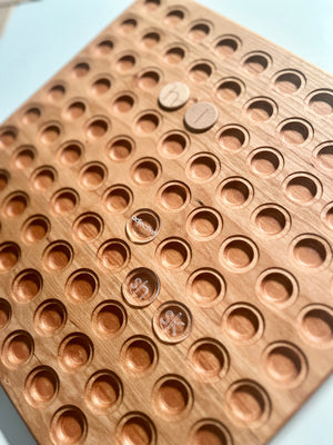 Mini Wood or Clear Acrylic Discs | Set of 75 Blends and Digraphs displayed on a handcrafted wooden tray featuring clear acrylic and natural wood discs with engraved letter combinations, unique homeschool education resources.