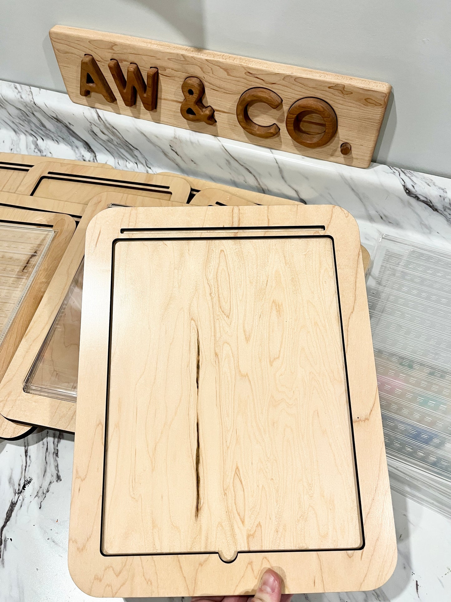 Laser Cut Writing Sensory Tray for 8.5 x 11 sheets with Dry Erase Inserts and Slot for Acrylic - Rectangle Design