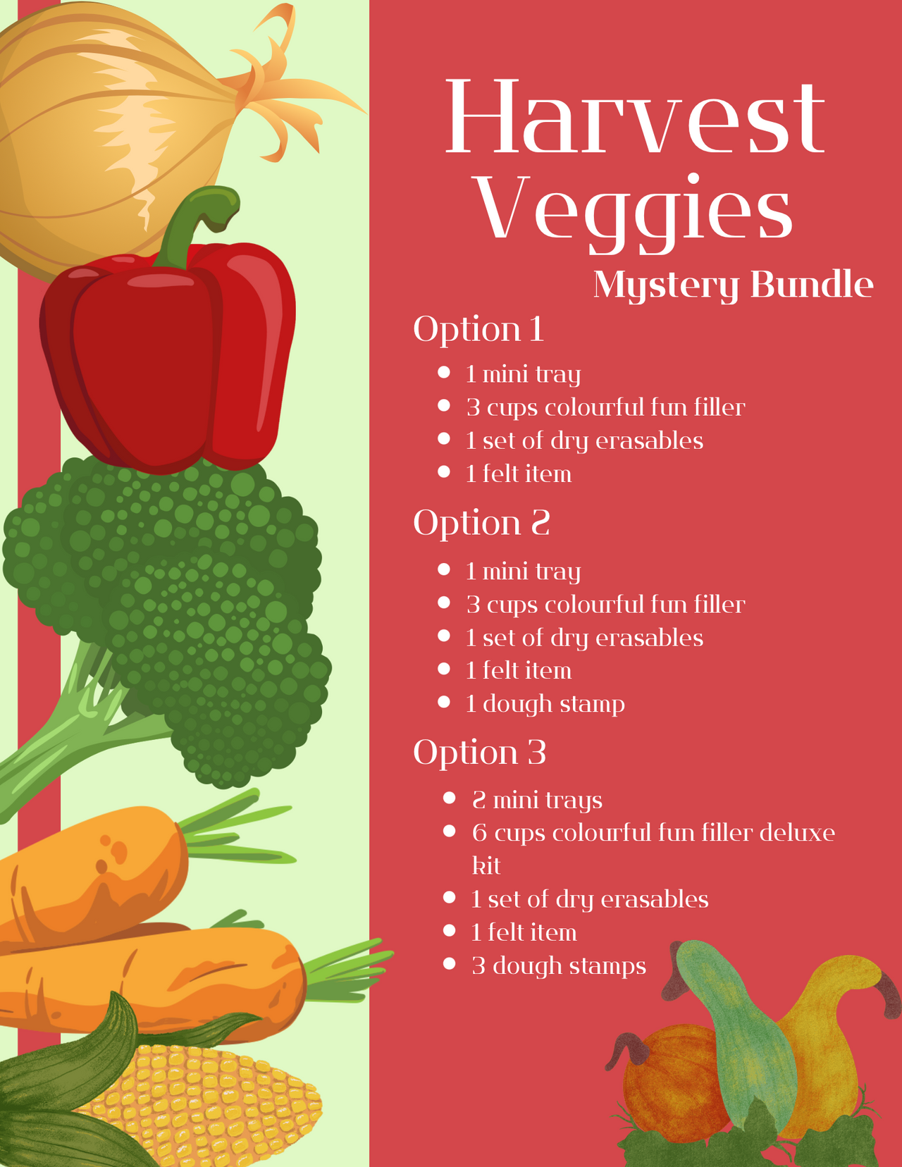 Illustration of colorful harvest vegetables including onion, red pepper, broccoli, carrots, corn, and gourds on split green and red background with text.