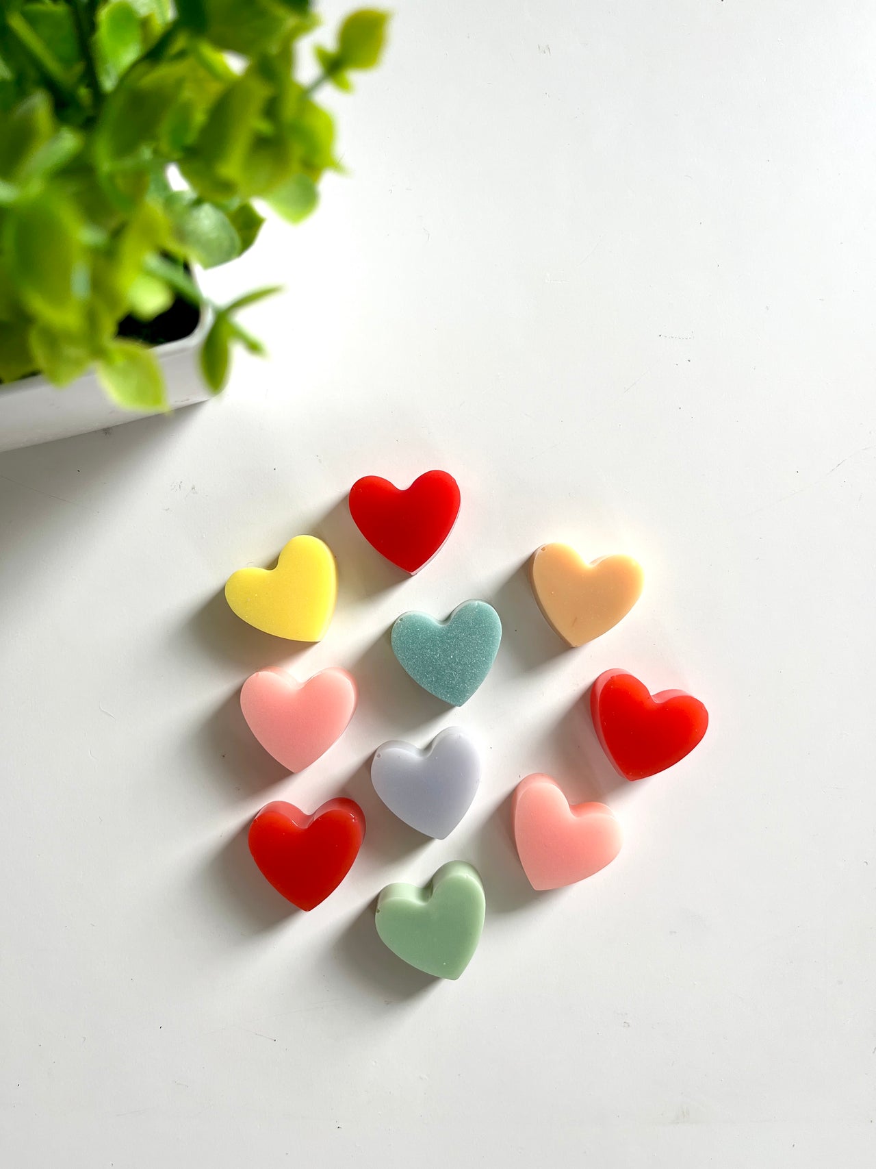 Ten colorful heart-shaped objects arranged on a white surface next to a green plant in a white pot