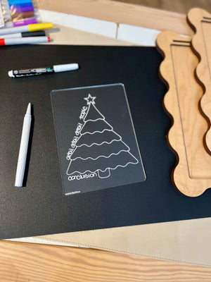 Clear plastic overlay with Christmas tree design labeled with topic, detail, detail, detail, and conclusion on black surface