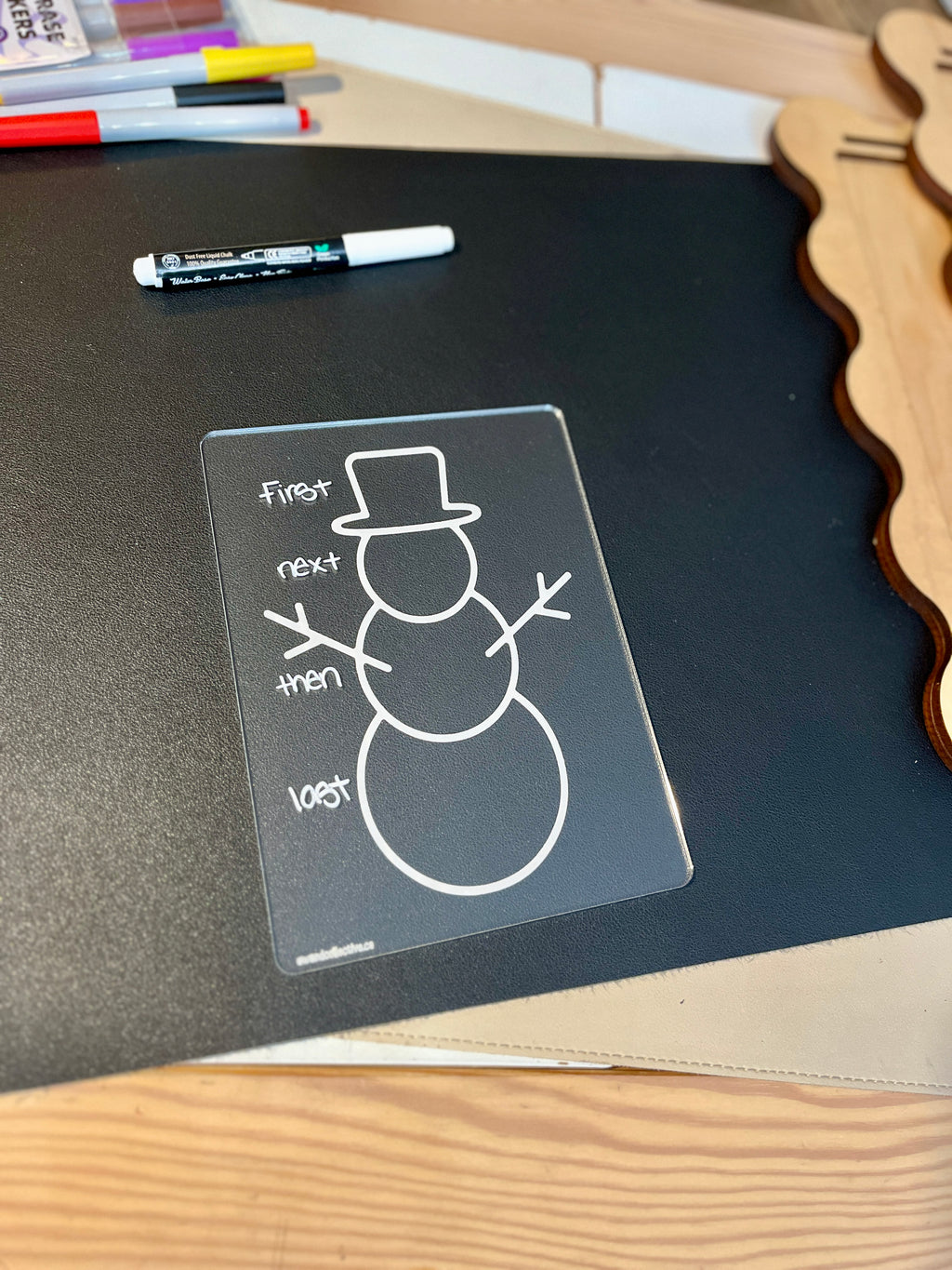 Transparent sheet with a snowman outline labeled with sequence words first, next, then, and last on a black mat