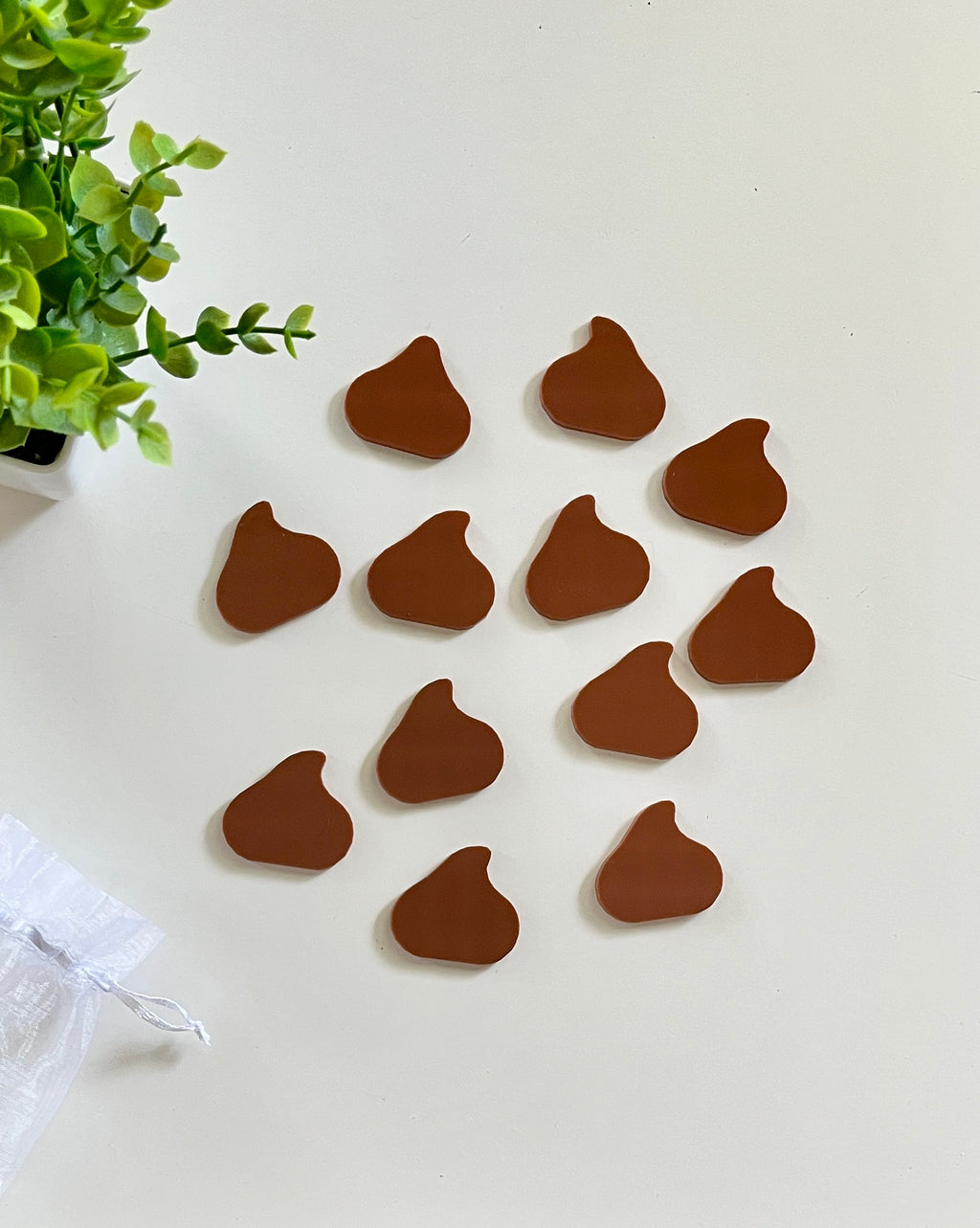Thirteen small brown abstract-shaped pieces scattered on a white surface beside a green plant and white cloth bag