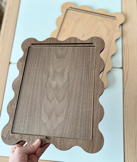 Walnut Laser Cut Writing Sensory Tray for 8.5 x 11 sheets with Dry Erase Inserts and Slot for Acrylic - Scalloped Design