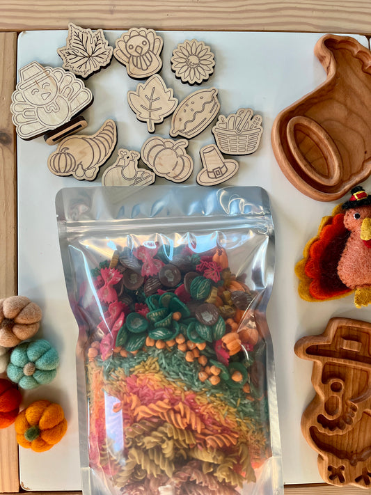 Thanksgiving Fun Filler Sensory Kit with 10 Wood Parts and Standing Turkey
