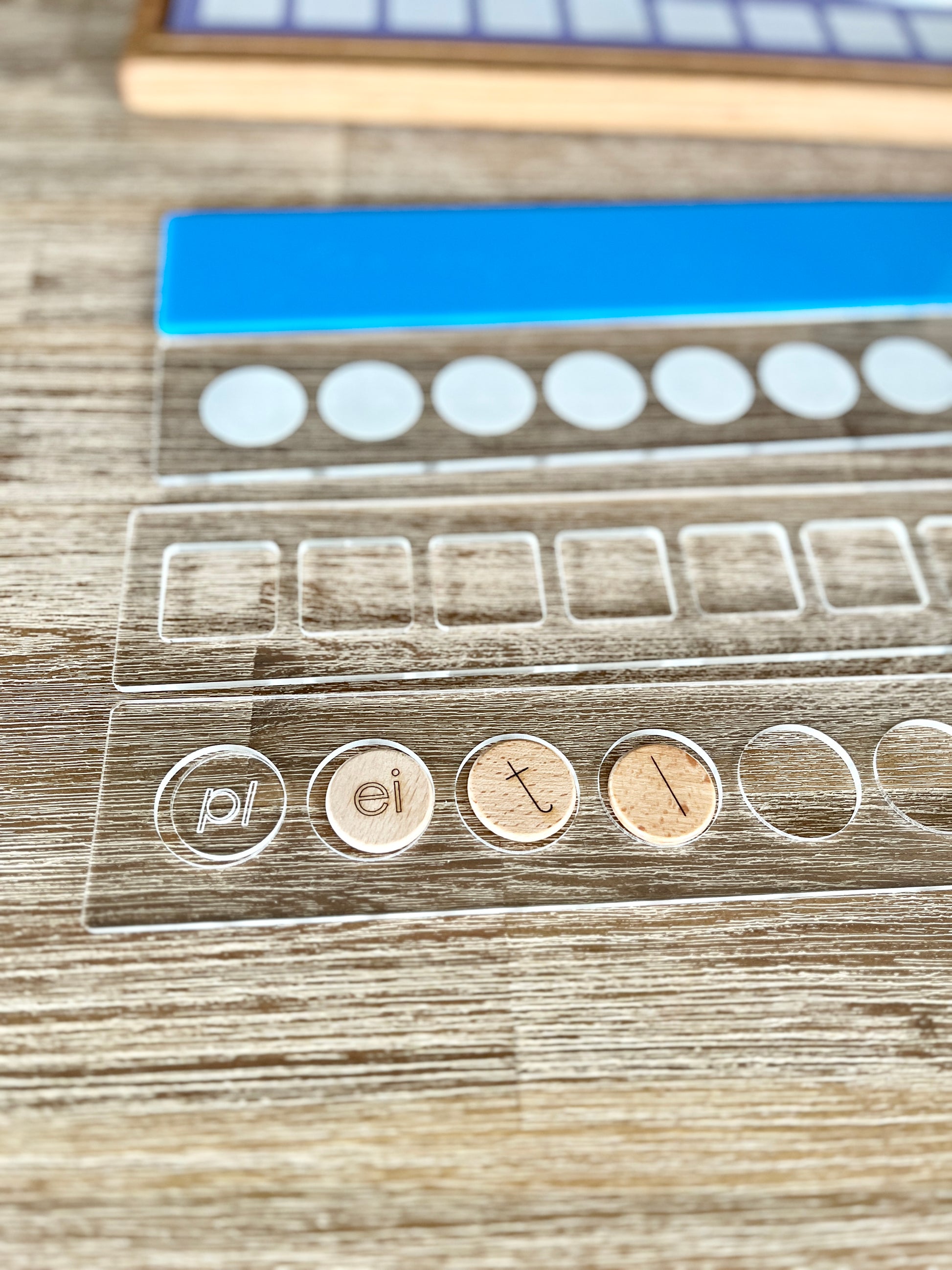 10 Frame Dry Erase Bars; Fit into our Wooden Sentence & Literacy Board, featuring clear plastic strips with circle markers and wooden letter inserts, handcrafted, homeschool, education resources.