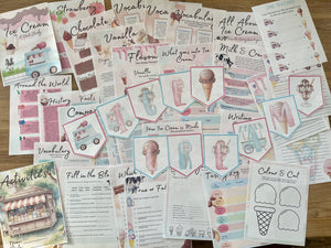 Digital Download | Ice Cream Unit Study featuring printable educational pages with vocabulary, history, writing prompts, facts, activities, and coloring for handcrafted homeschool education resources.